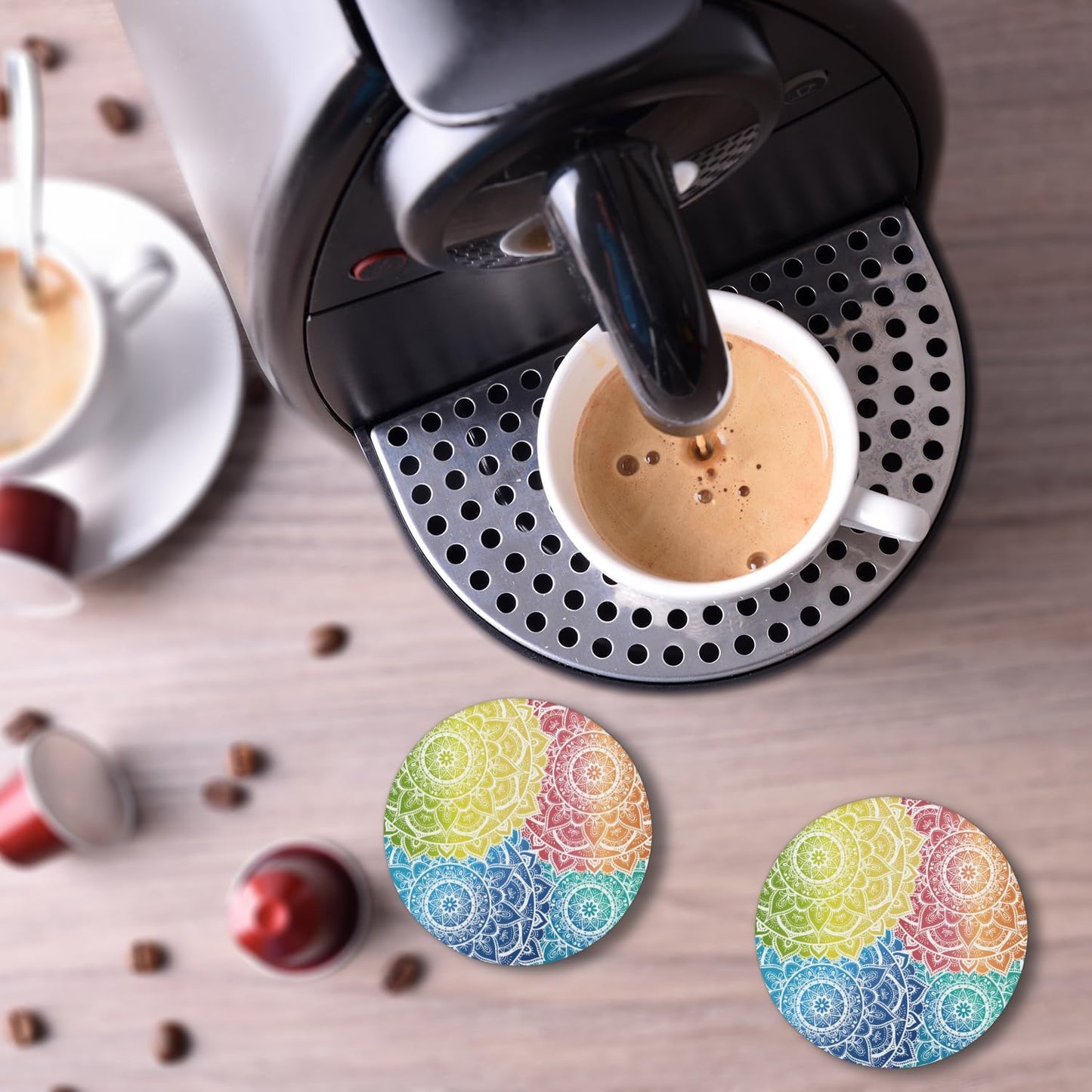 Ceramic Coasters for Drinks with Cork Back, Colorful Mandala Harmony 4 Inch Absorbent Coaster Set 1 Pack, Quick Dry Non-Slip Coaster Mats for Home, Office, Bar