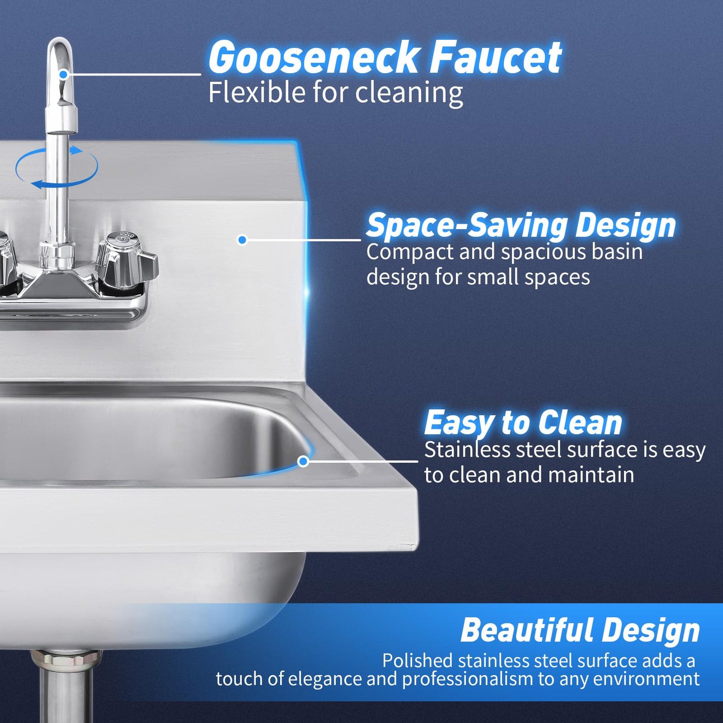 Vexalify Stainless Steel Sink Commercial Wall-mounted Wash Basin With Gooseneck Faucet And Backsplash for Restaurants, Shops, Bars and Homes