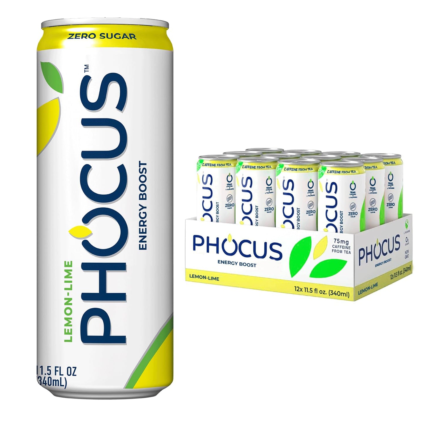 PHOCUS Energy Drink Lemon Lime Sparkling Water 75mg Natural Caffeine Plus L-Theanine Zero Sugar Zero Calories No Artificial Sweeteners 11.5 fl oz Cans (Pack of 12)