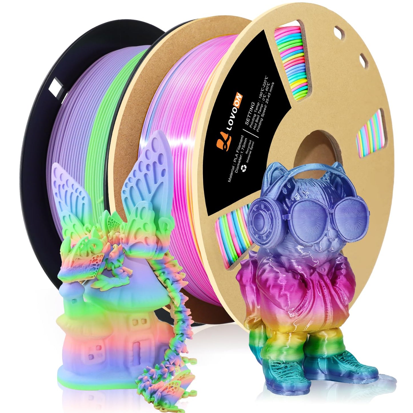 LOVOON 1.75mm 3D Printing Filament Bundle 2 KG, Silk and Matte Rainbow PLA Filaments Bundle Color Changing by Length 3D Printer