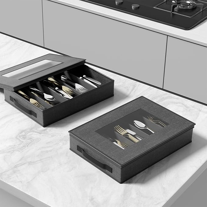 Aokeyee 2 Pack Silverware Storage Box, Sturdy Flatware & Utensil Storage Case with Adjustable Dividers, 5 Compartment Silverware Organizer with Lid and Handle for Utensil, Flatware, Knives, Gray