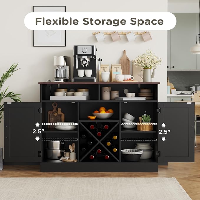 MHOM Farmhouse Coffee Bar Cabinet with Prower Outlets, Rustic Liquor Cabinet with Wine Rack, Wooden Wine Cabinet for Dining Room & Living Room, Black