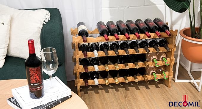 DECOMIL - 36 Bottle Large Wine Rack, Stackable & Modular Wine Storage Rack, Solid Bamboo Wine Holder Display Shelves, Wobble-Free (Four-Tier, 36 Bottle Capacity)