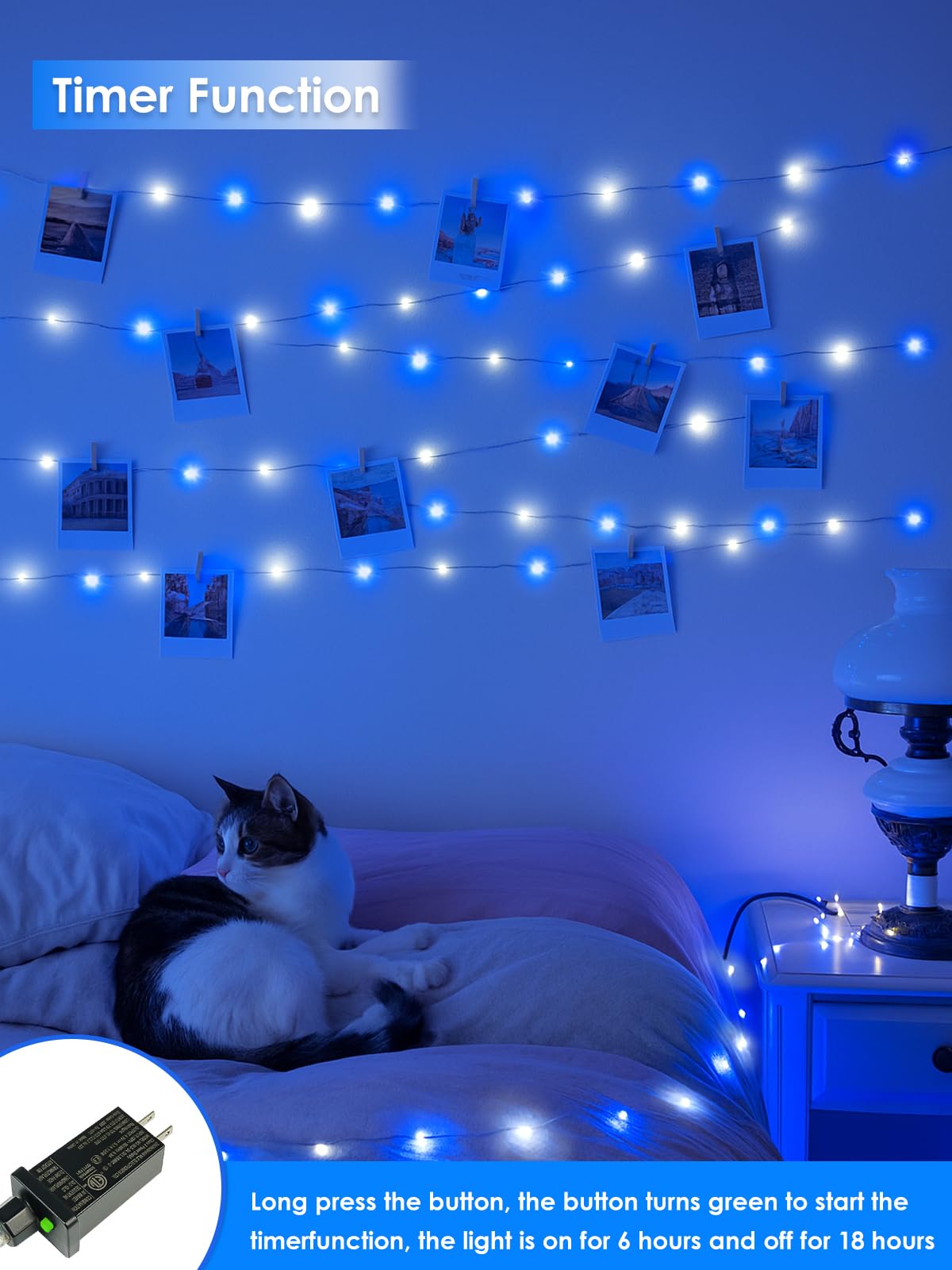 BHCLIGHT 66Ft 200 LED Fairy Lights, Waterproof String Lights, 8 Modes, Copper, 1 Pack, Blue and White