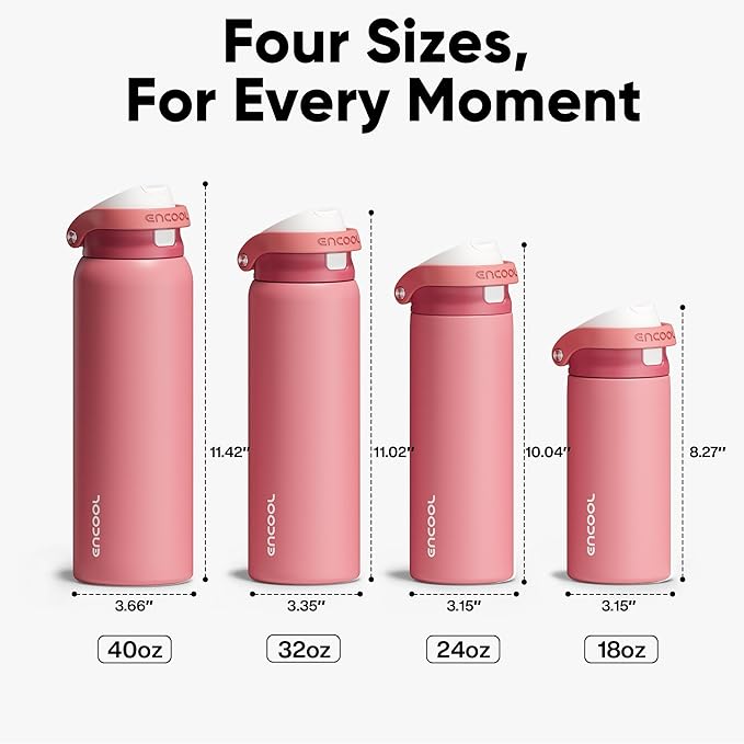ENCOOL Leakproof Insulated Water Bottle with Straw Dual-Sip Water Bottle Bag-Safe Design for Work, Commute & Gym – Keeps Drinks Cold All Day, 24 oz, Vermilion