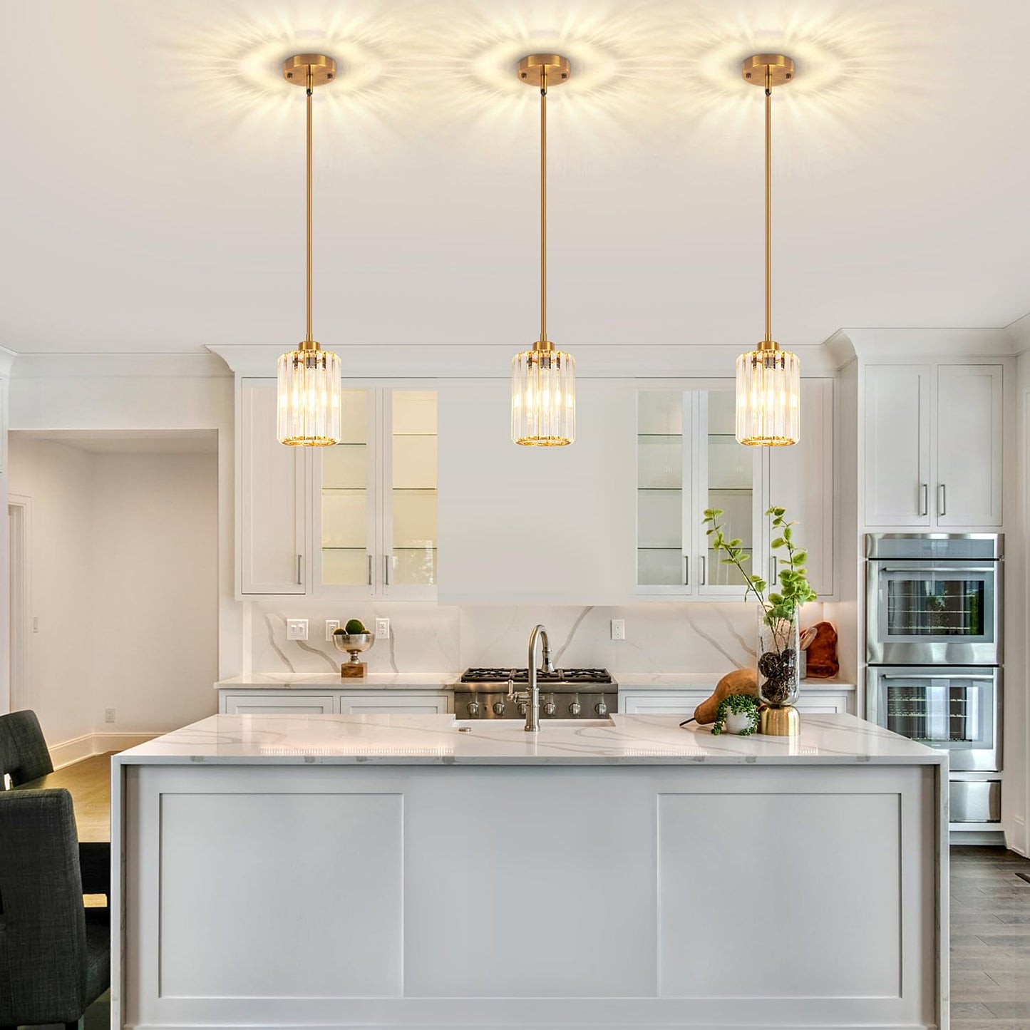 Zsmihdoh Gold Pendant Lights Kitchen Island Modern Crystal Pendant Light Fixtures Kitchen Hanging Lights Mini Chandelier Pendant Lighting For Island Dining Room Hallway Bedroom