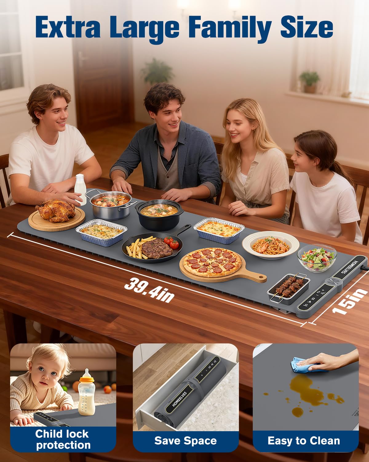 Warming Mat for Food Extra Large 39.4”X15”, 8S Rapid Heating Electric Warming Tray with 9 Temp Setting and 6H Timer, Food Warming Pad, Portable Food Warmers for Parties Buffet, Gray