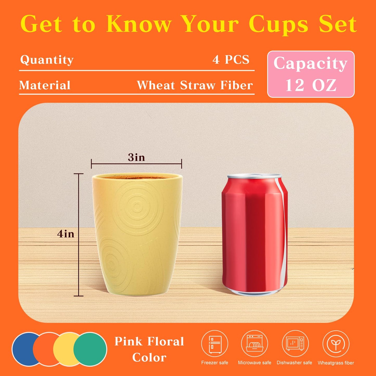Homienly Wheat Straw Cups Alternative to Plastic Cups Set of 4 Premium Drinking Glasses - 12 OZ, Unbreakable Drinking Cups, Dishwasher & Microwave Safe Tumbler Cups for Kitchen, Kids, Picnic - Multi