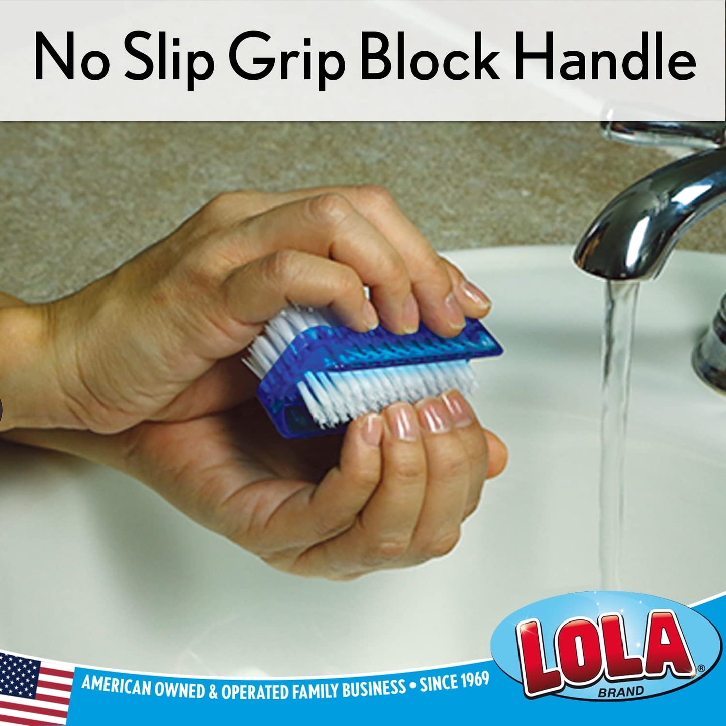 LOLA Classic Hand & Nail Brush, 2 Sided - 3 Pack, Soft & Stiff, Comfortable No-Slip Grip, Cleans Hands & Fingernails, Assorted C