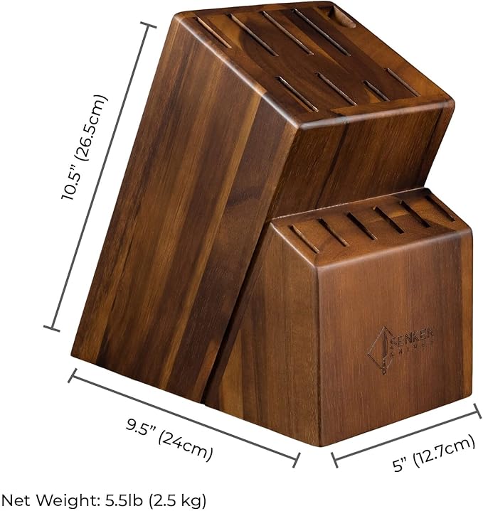 SENKEN 16-Piece Kitchen Knife Block Set - Japanese Chef's Knife Set with Laser Damascus Pattern, Includes 6 Steak Knives and Smoothly Finished Acacia Hardwood Knife Block (Blue Resin Handles)
