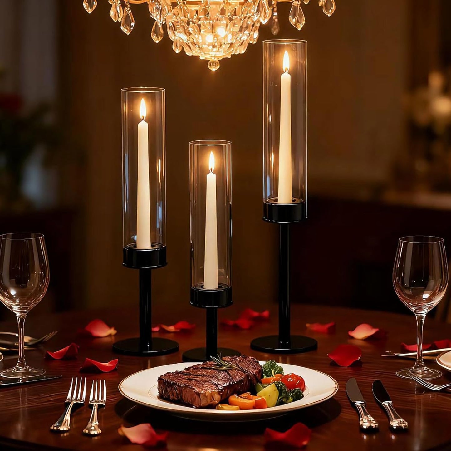 Black Taper Candle Holder Set with Glass Hurricane – Modern Candlestick Holders for Dining Room, Premium Gift Set for Wedding, Fall Centerpieces for Tables, Warmly Gift for Home Decor, Christmas Decor