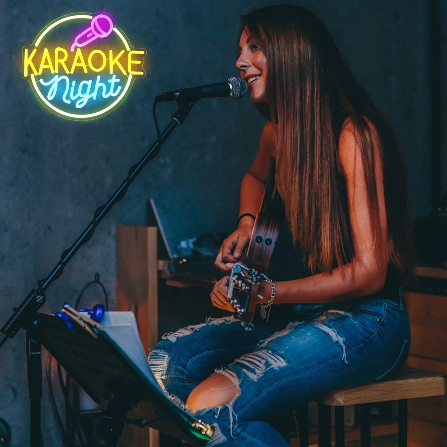 Cktbley Karaoke Night Neon Sign Music Room Decor Karaoke Bar Led Sign For Wall Decor Karaoke Live On Air Neon Lights Signs Bar Open Neon Wall Light For Music Studio Game Room Decor