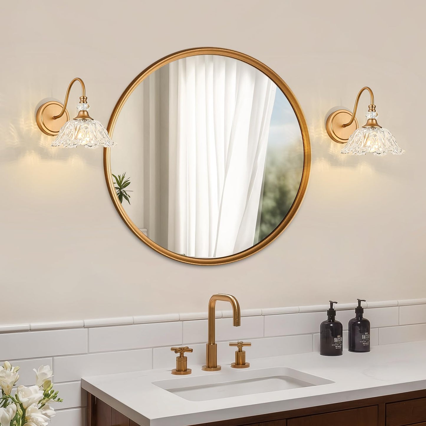 Sunkryster 1 Piece Vintage Wall Sconce With Floral Clear Glass Shade Matte Deep Brass Finish Wall Mount Lighting For Bathroom Vintage Bathroom Vanity Light Fixture