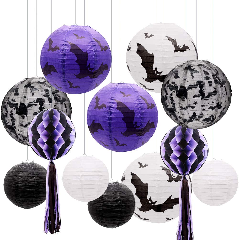 Uniqooo 12Pcs Spooky Halloween Decor Black White Purple Hanging Paper Lanterns Set With Decorative Bats & Honeycomb Pom Pom Tassels For Indoor/Outdoor Holiday Home Garden Decor Party 12 In & 8 In