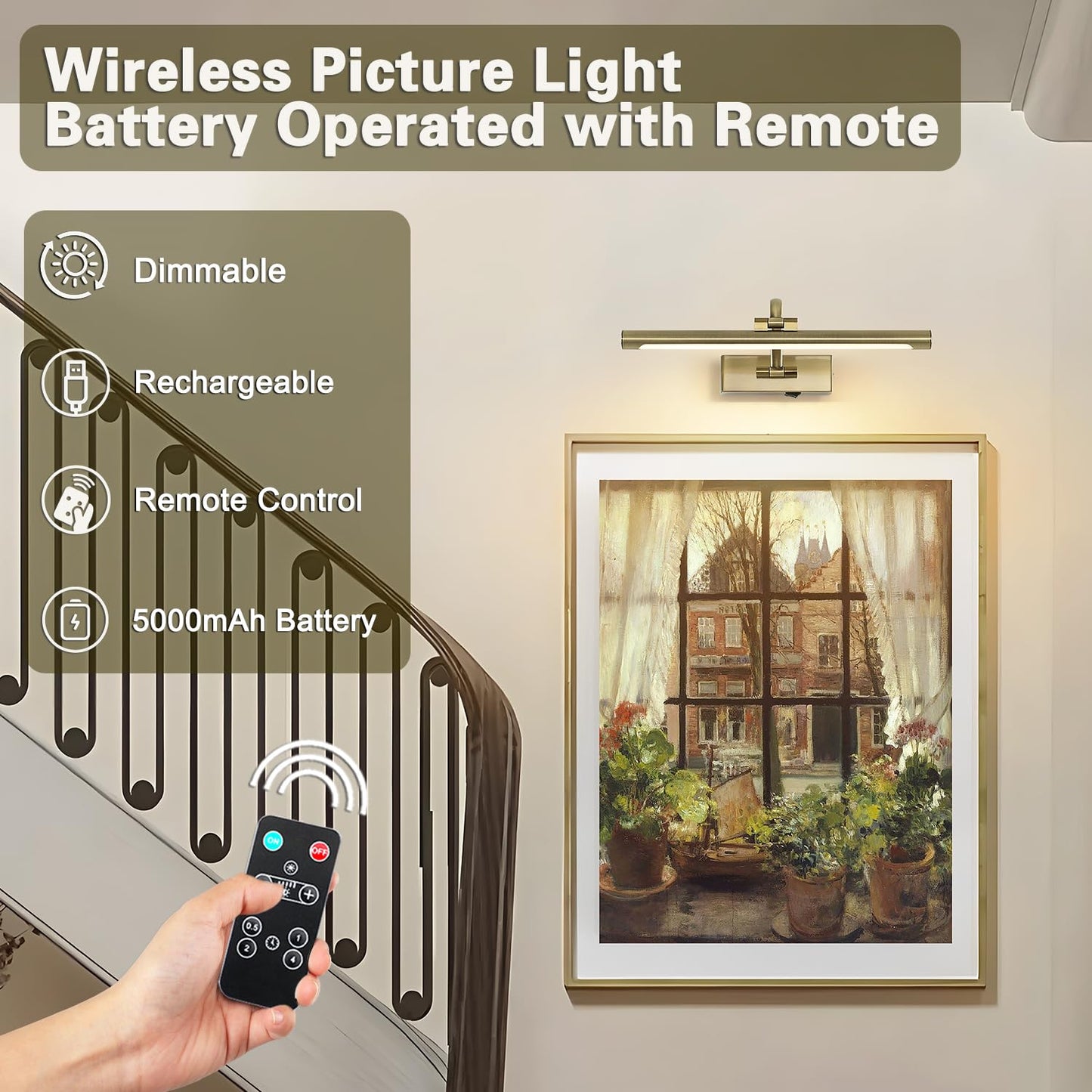 DESOOP Wireless Picture Light, Rechargeable Battery Art Light, Remote & Timer, 16in Antique Bronze, Model 7115