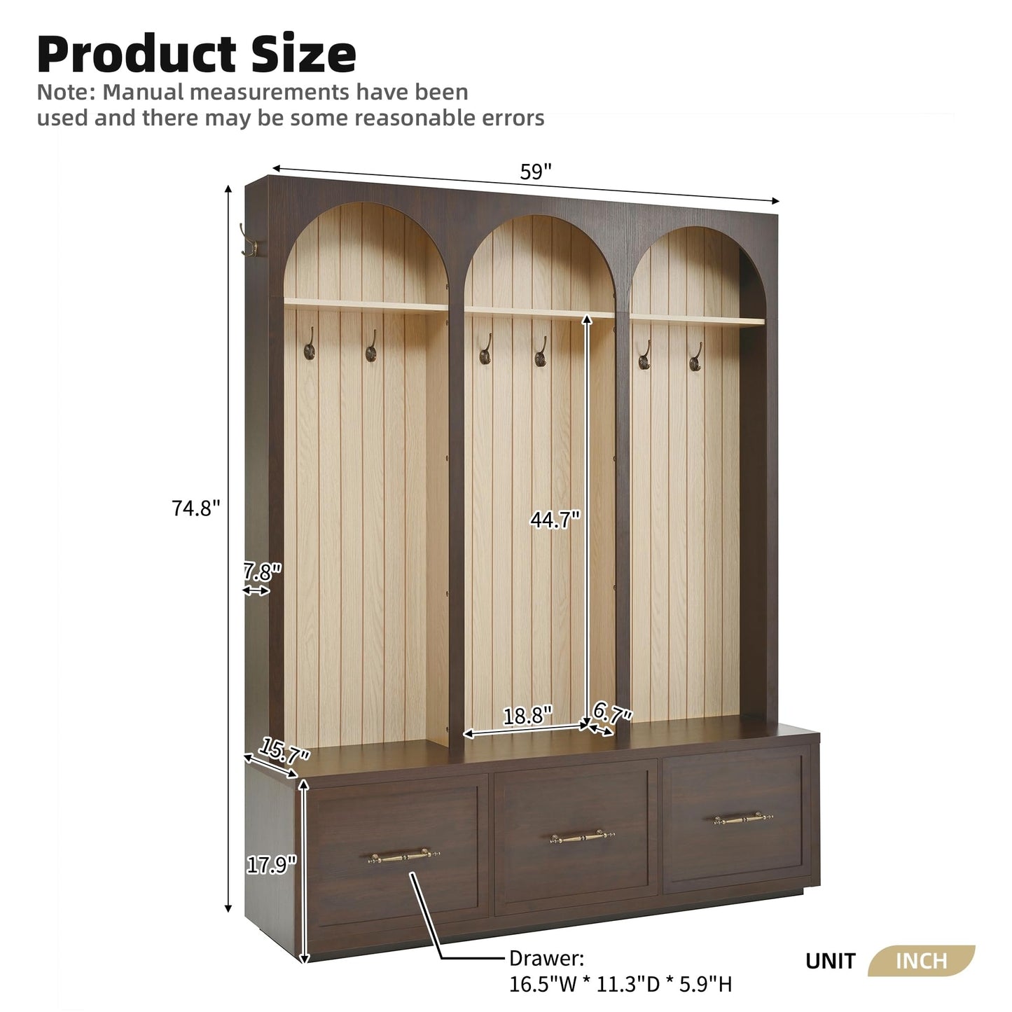 Merax Farmhouse Wood Hall Tree with Shoe Bench and 3 Drawers, 4-in-1 Coat Rack with 8 Hooks for Entrance, Hallway, Mudroom Dark Walnut