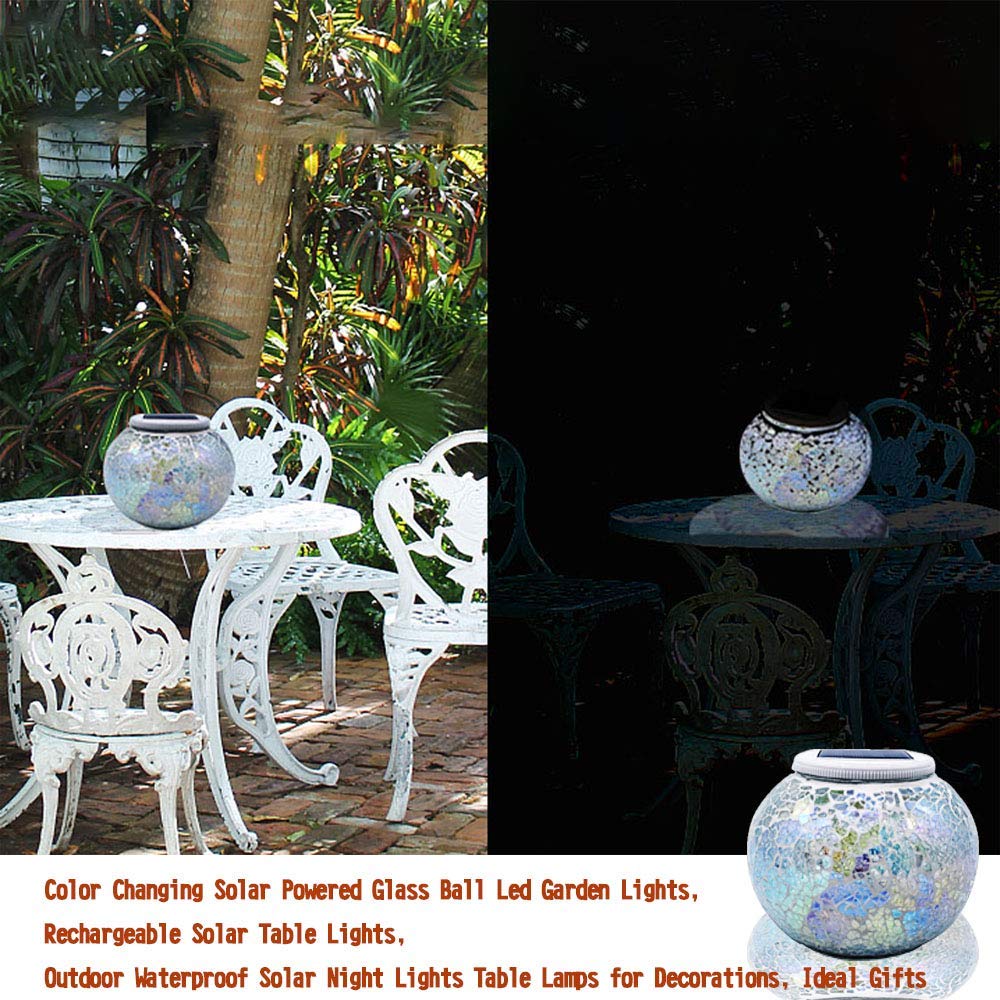 SmilingTown Solar Powered Mosaic Table Lamp - Waterproof LED Night Light, le Glass, White, Model B07H24K7GX