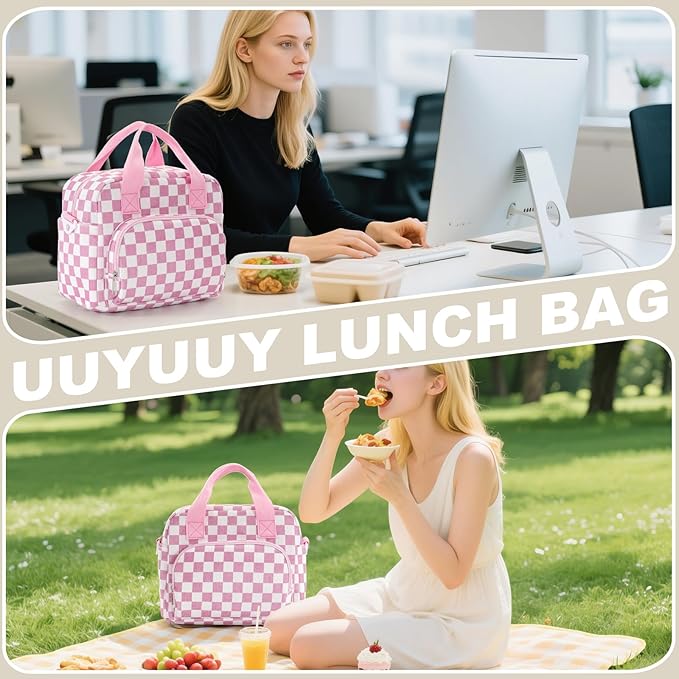 Large Lunch Bag for Women Insulated Lunch Box Reusable Cooler Bag Portable Cute Corduroy Leakproof Tote Bags for Travel, Work, and Picnic, Pink and White