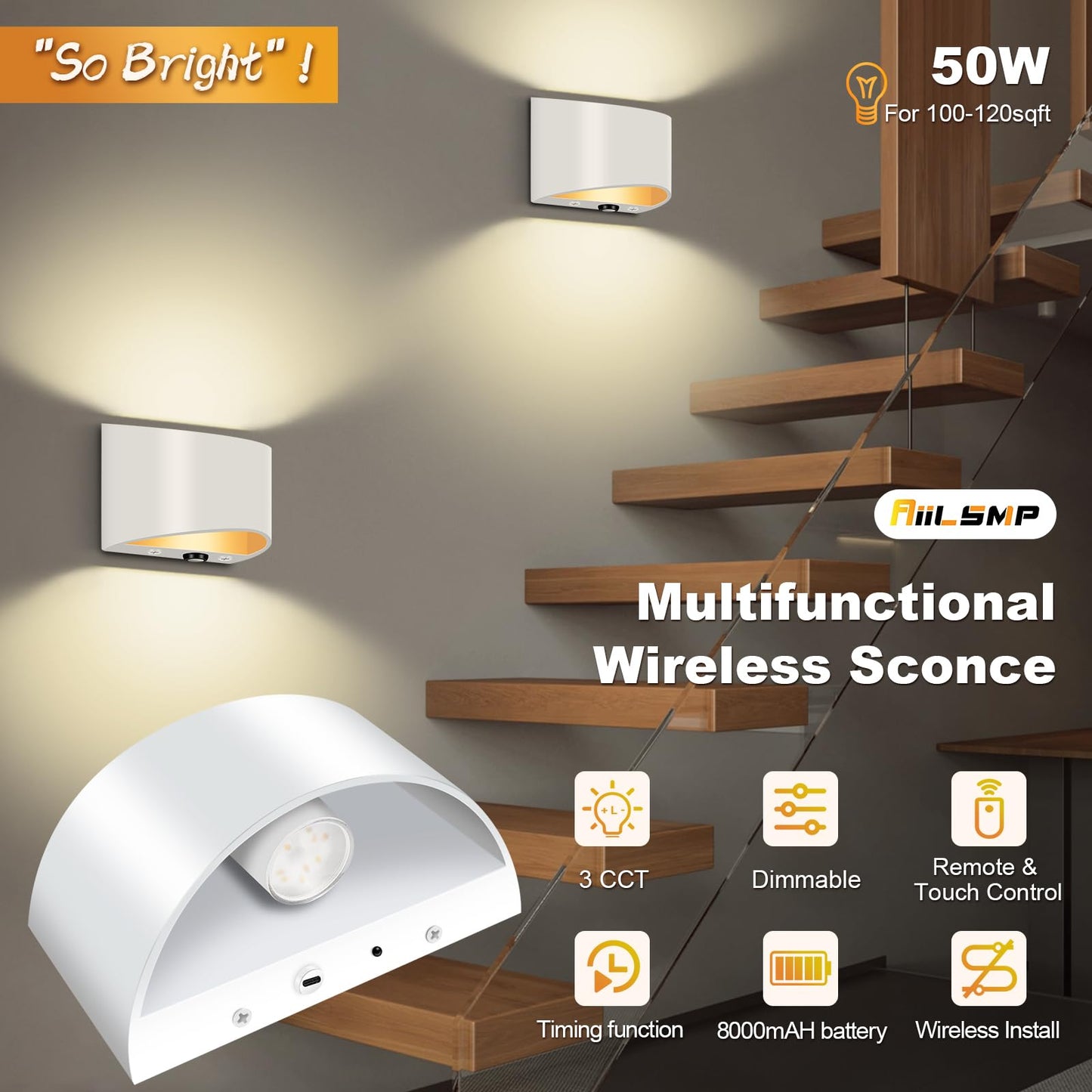 Aiilsmp Battery Operated Wall Sconces Set of 2, White, Rechargeable, Remote & Touch Control, Dimmable, 3 Color Temperatures, Model AW010B