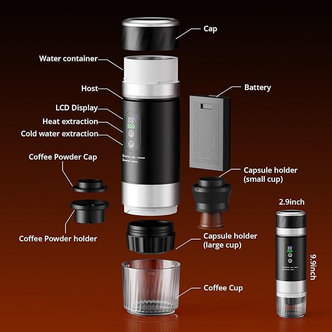 Portable Espresso Maker, Travel Coffee Maker for camping, Portable Espresso Machine with USB-C, 3-in-1 Small Espresso Machine with Ground Coffee & Capsules (NS&DG) for RV, Hiking (Obsidian Black)