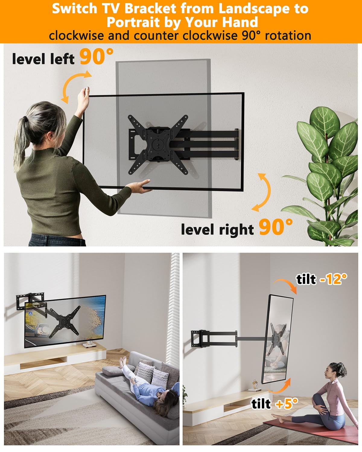WHYFONE 48'' Extension Long Arm Rotating TV Wall Mount Heavy Duty, Landscape to Portrait Full Motion TV Mount Vertical for 26''-65'' Screens, VESA 400x400mm,16''Wood Stud/Concrete/Brick Wall