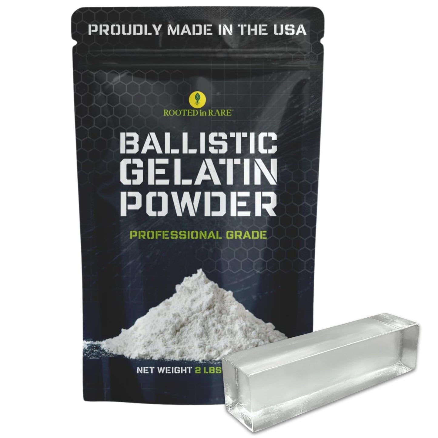 Rooted In Rare Ballistic Gel Powder for Making Ballistic Gel Block or Gelatin Dummy Product of USA 2 Lbs of Calibrated Mix Supports 10% FBI or 20% NATO Blocks