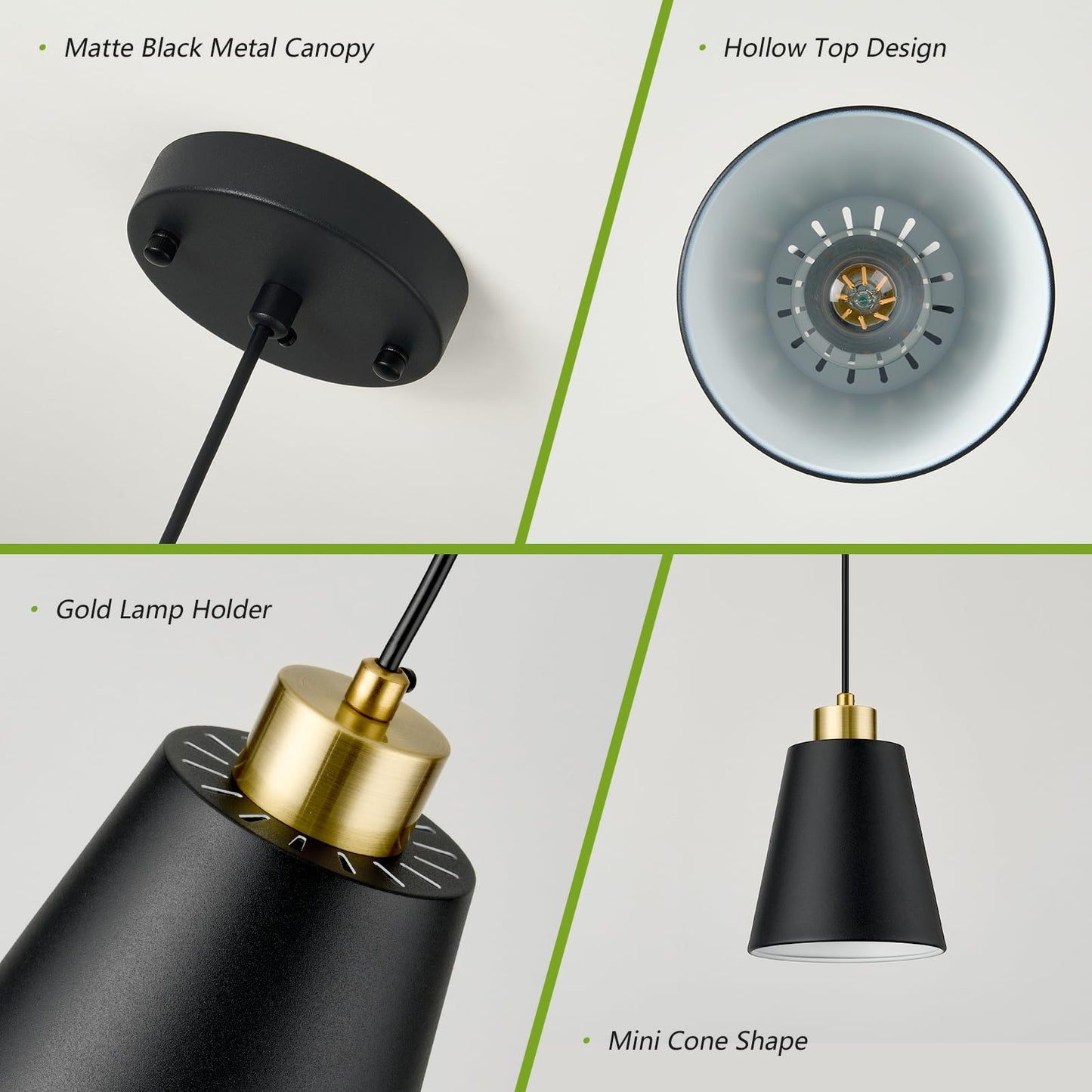 Lamknvs 3-Pack Matte Black Pendant Lights Metal Cone Kitchen Island Pendant Lighting With Gold Modern Hollow Shade Hanging Light Fixture For Dining Room Bar Hallway 63 Adjustable Cord