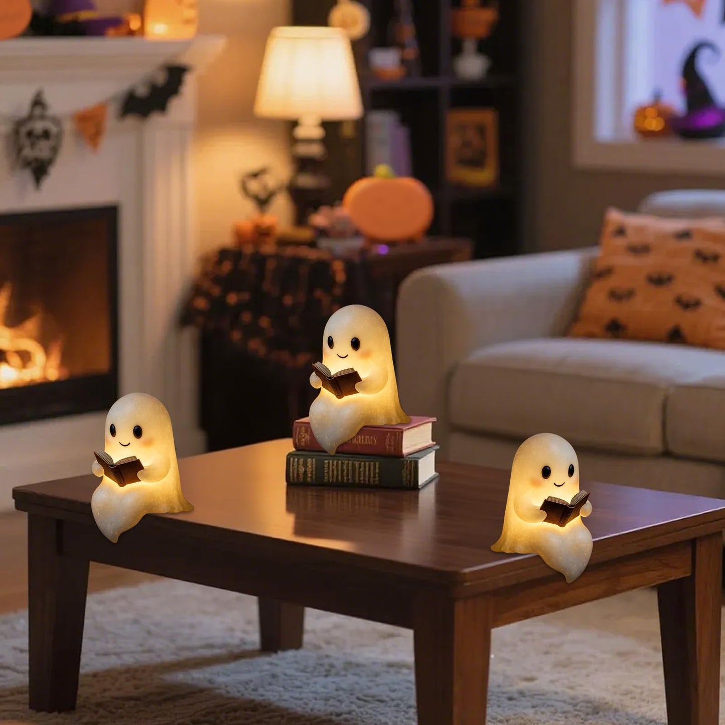 Qetrabone Halloween Ghost Reading Book Lamp Funny Ghost Figurine Statue Halloween Decoration For Gift Props Tabletop Bookshelf Home Decor