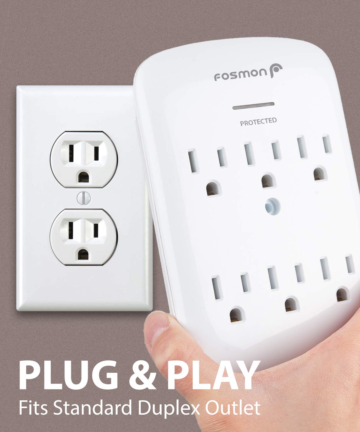 Fosmon 6 Outlet Wall Mount Surge Protector, 3-Prong Surge Suppression 1200 Joules, 15A 125Vac 60Hz 1875Watts Wall Outlet Adapter