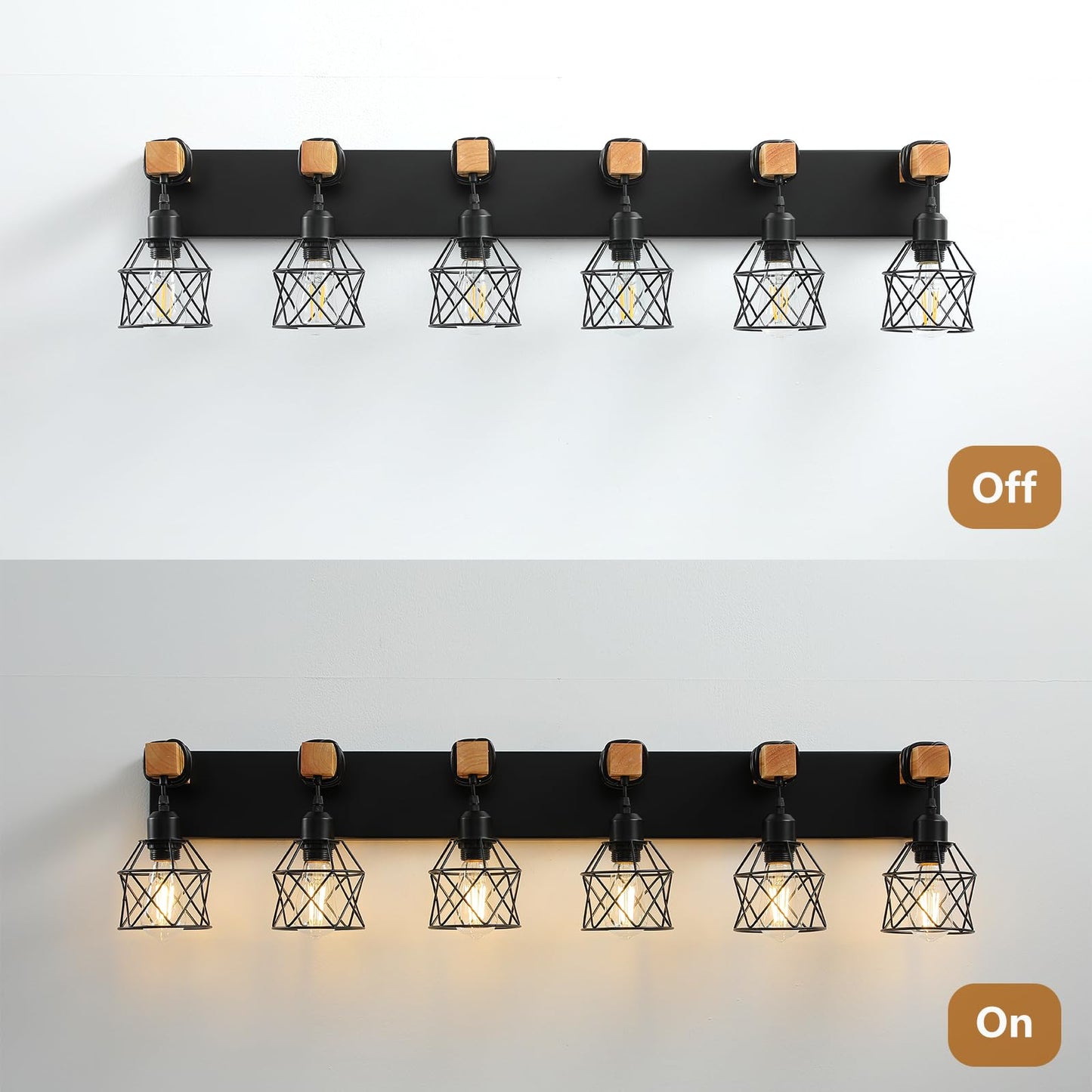 Farmhouse Vanity Light Fixture 6-Light Bathroom Lighting Black Industrial Wood Wall Light Over Mirror With Metal Shade Led Bulbs Not Included
