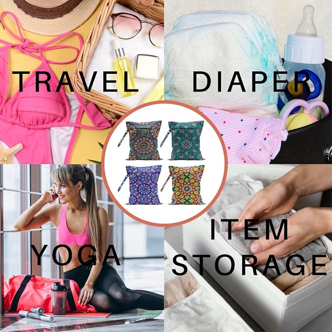4 Pack Boho Mandala Floral Lover Gift Wet Bag Waterproof Washable Reusable Wet Dry Bag for Swimsuit Clothes Cloth Diaper Travel Pool Yoga Toiletries Gift for Women Sister Mama Birthday Christmas