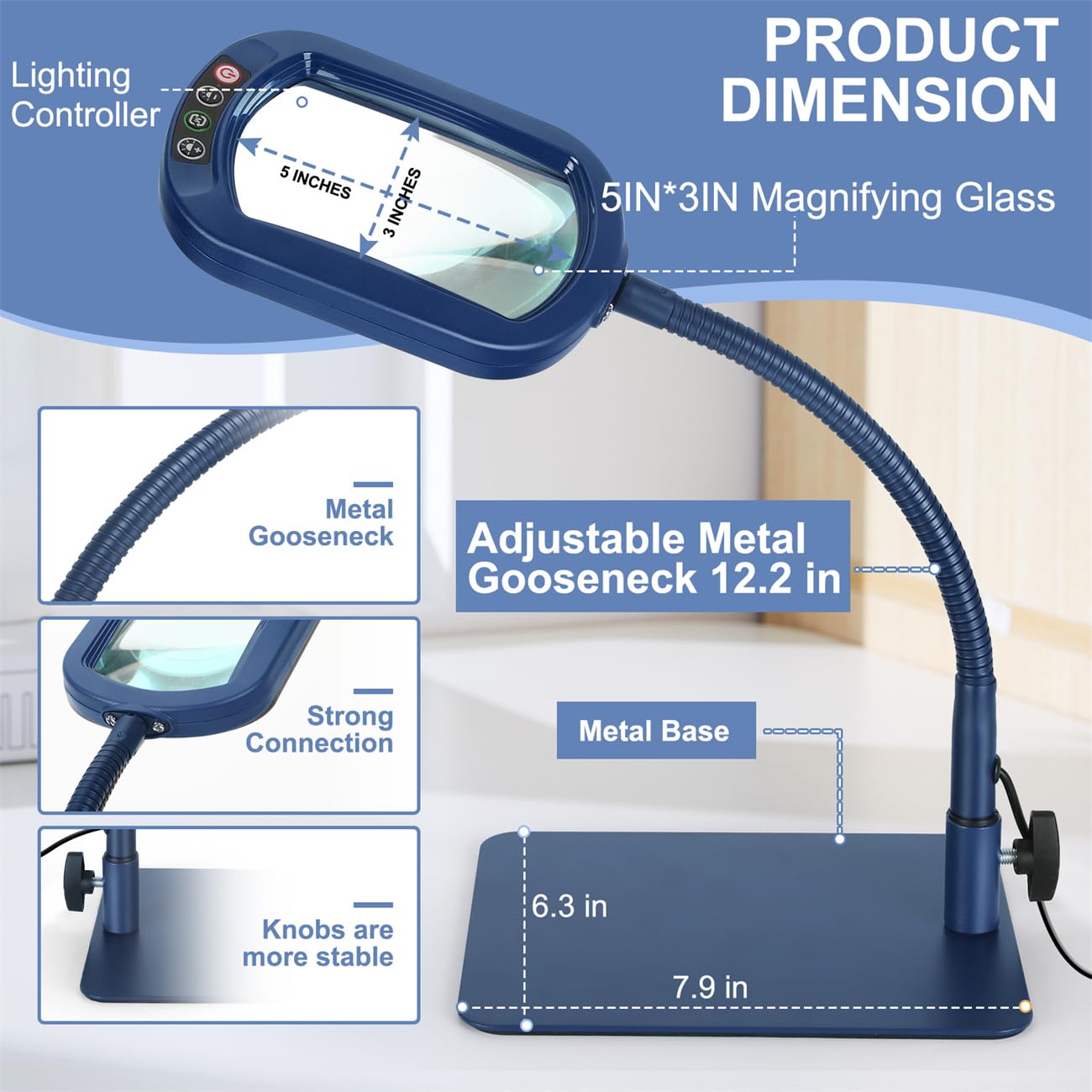 Veemagni 10X Rectangle Magnifying Glass with Light, Metal, Blue, Model GE602, Flexible Gooseneck LED Desk Lamp, 5 Color Modes