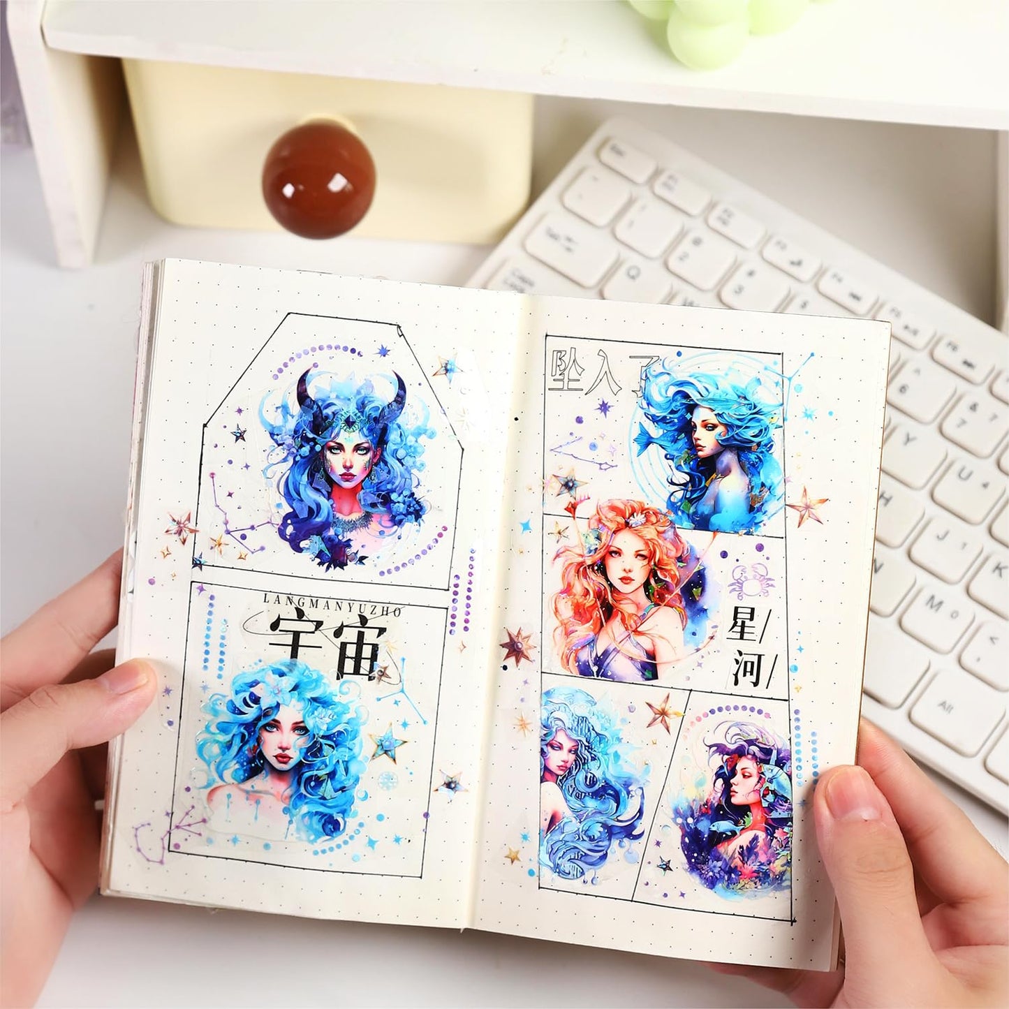 6 Pcs Constellation Goddess PET Scrapbook Tapes, Holographic Stickers for Journaling, Scrapbook Supplies, and Ephemera, with Decorative Clip
