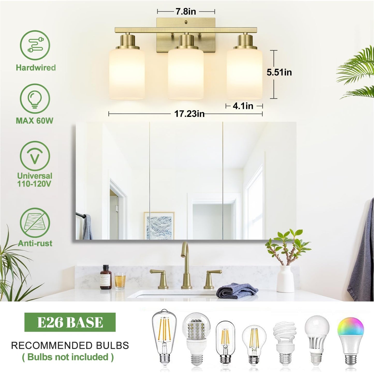 3-Light Bathroom Light Fixtures Brass Vanity Light With Milky White Shades Bathroom Lighting Fixtures Over Mirror Modern Bathroom Wall Lamp For Mirror Living Room Cabinet Bedroom