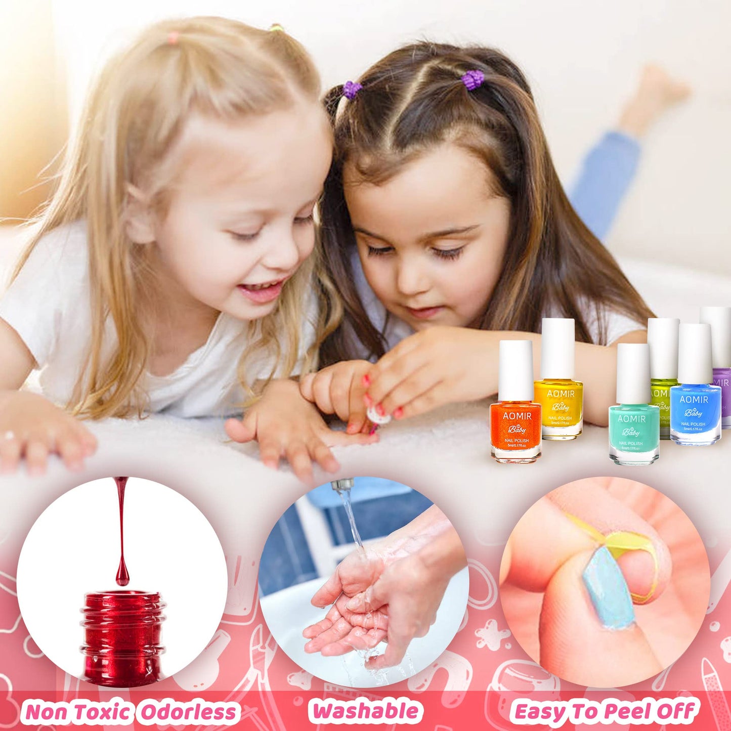 AOMIR kids nail polish set,Non Toxic Kids Nail Polish Set for Toddler,Water-Based Natural Safe Quick Dry Nail Polish Kit,Birthda
