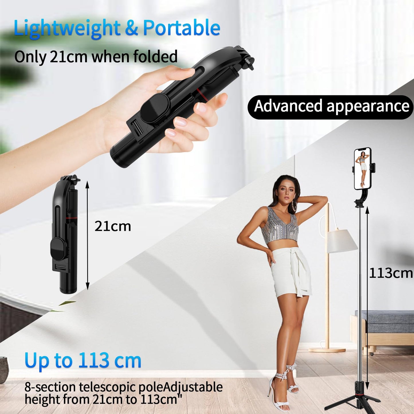 Selfie Stick Tripod, 44 Extendable, 360 Rotatable, Wireless Remote, Detachable Phone Holder, Lightweight & Portable, Compatible