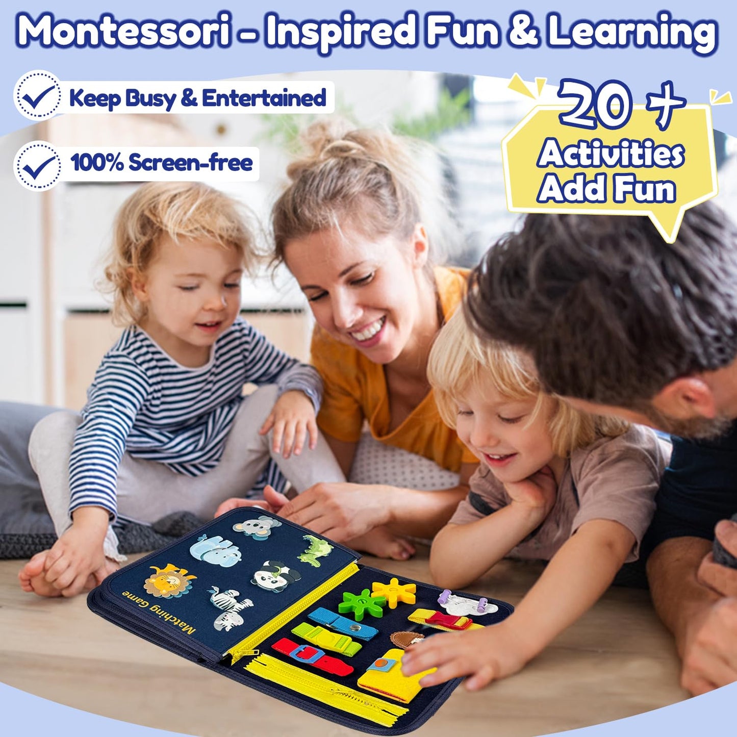 Qizfun Busy Board Montessori Toy for Toddlers, Educational Sensory Learning Toy for Fine Motor Skills, Preschool Travel Toy for Airplane & Car, Gifts for Boys and Girls (Blue/P8)