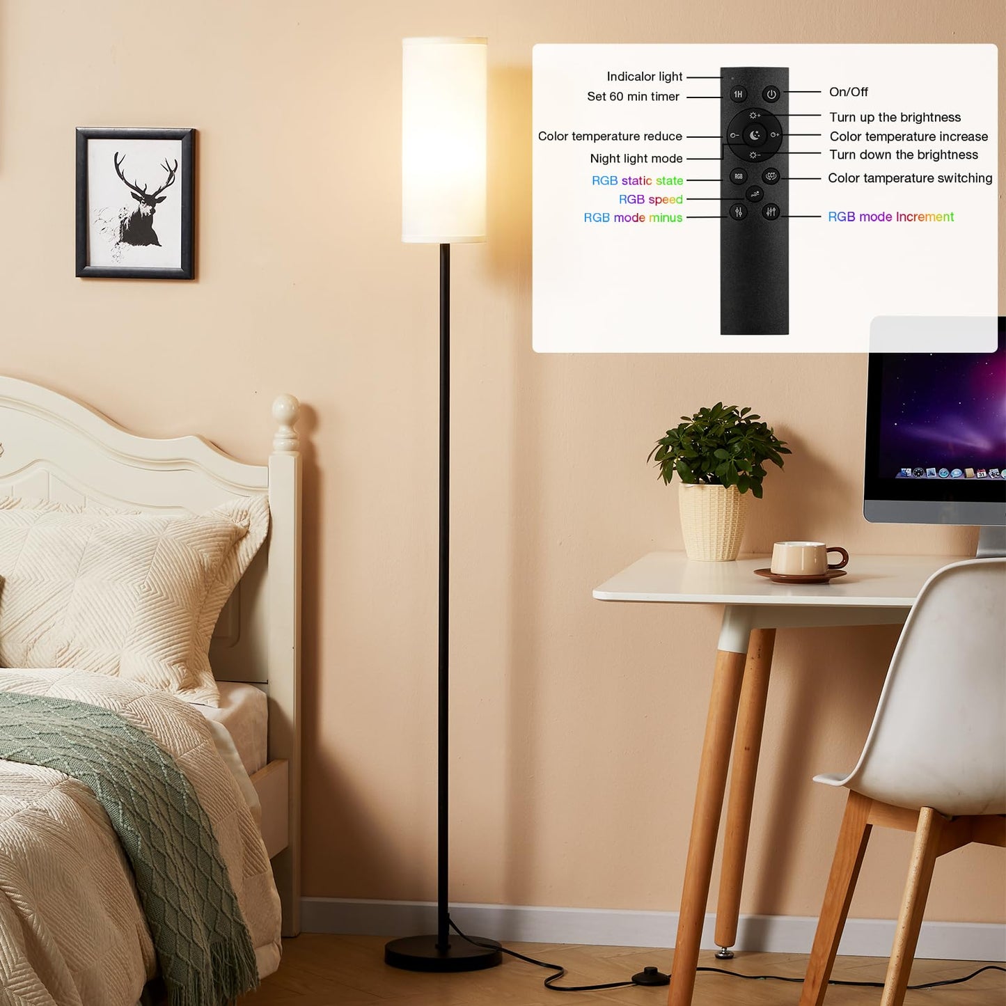 Ambimall 64in RGB Floor Lamp with Remote Control, Stepless Dimmable, Metal, White Shade & Black Pole, Model RPT-ZGB50515
