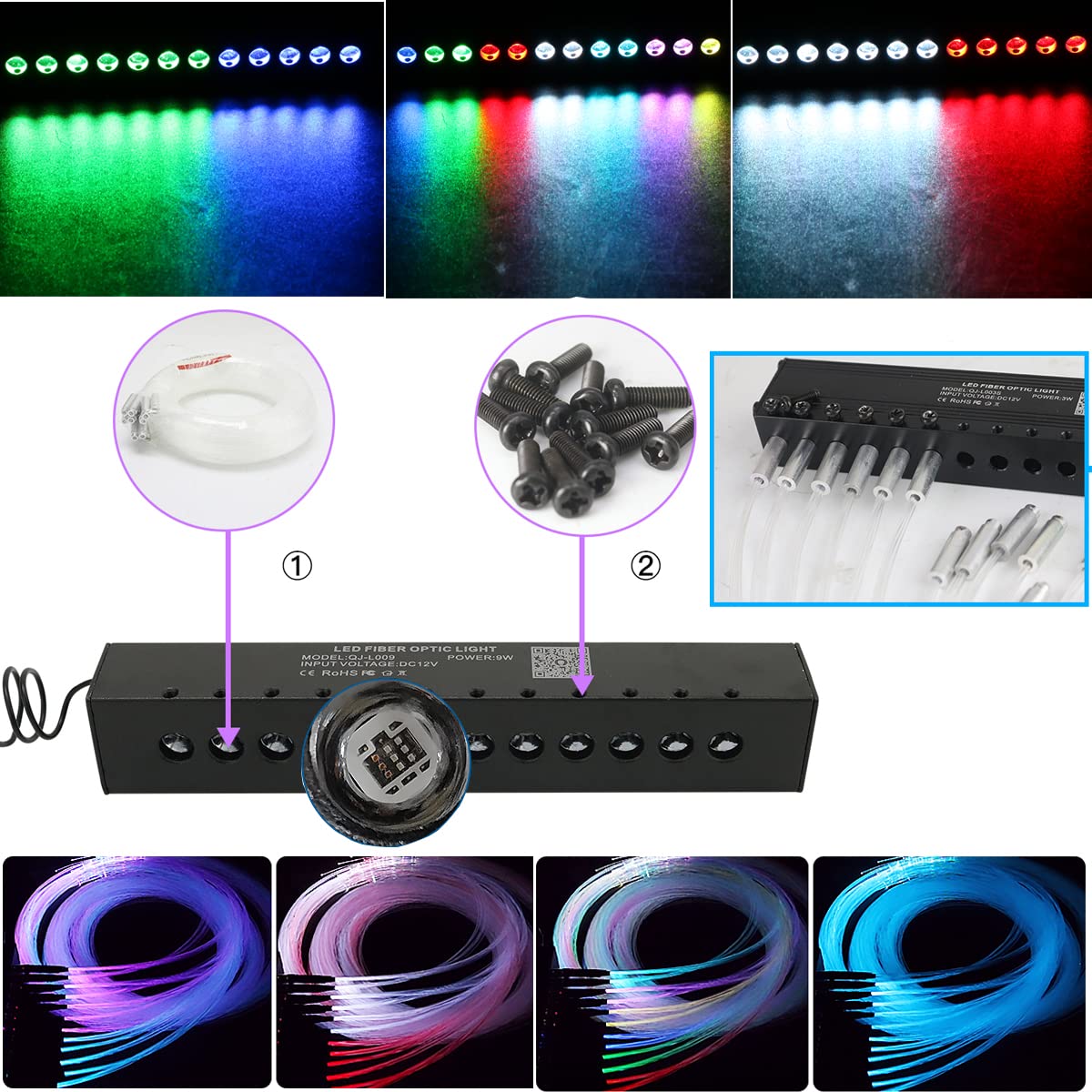 AZIMOM Dual Color Twinkle Fiber Optic Starlight Headliner Kit, 900pcs 0.03in 9.8ft, RGB, Model DUALCOLOR-888, Black