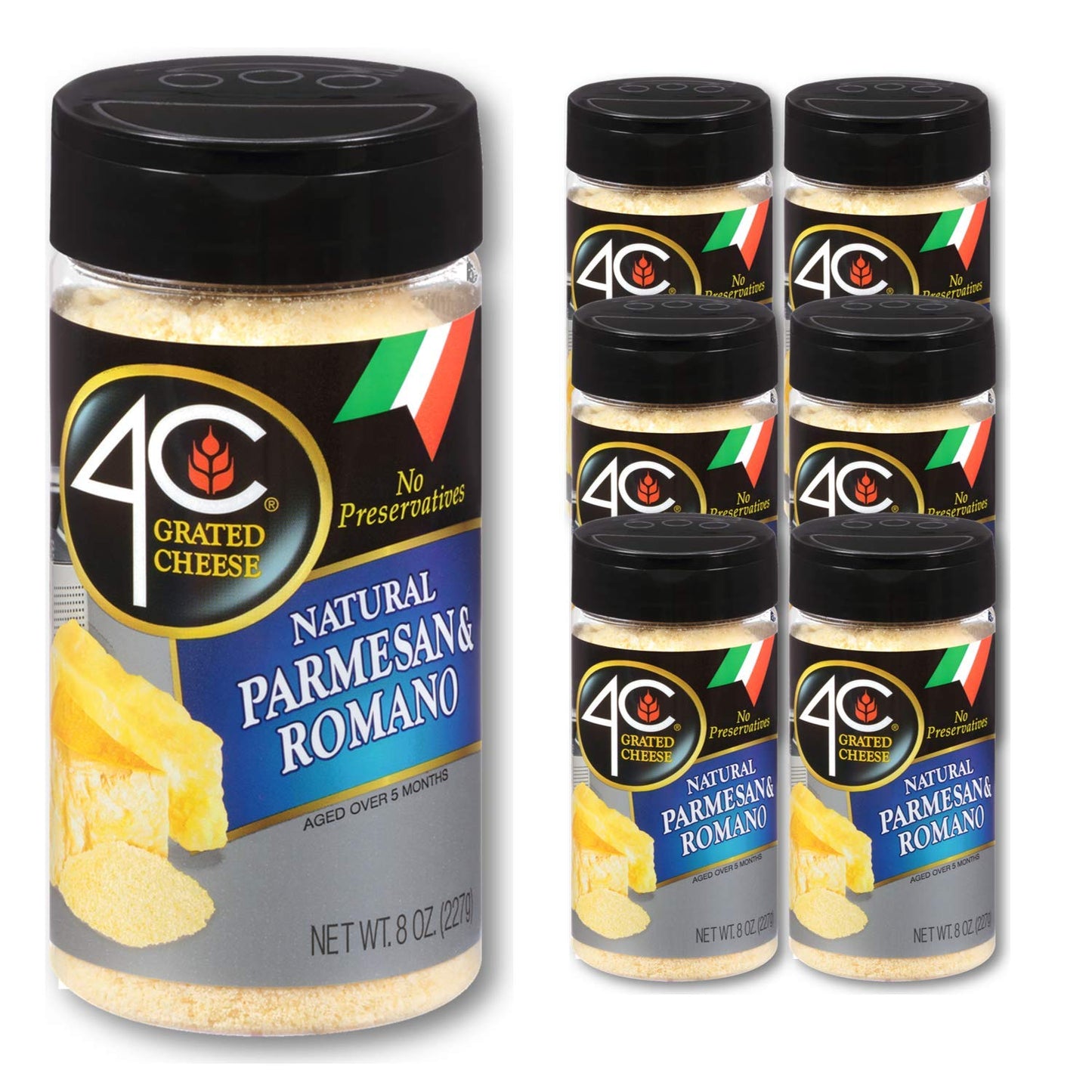 4C Grated Parmesan Romano Cheese Cannisters 6 Pack All Natural enhanced No Preservatives Perfect for Italian Pastas Lasagnas Popcorn and More