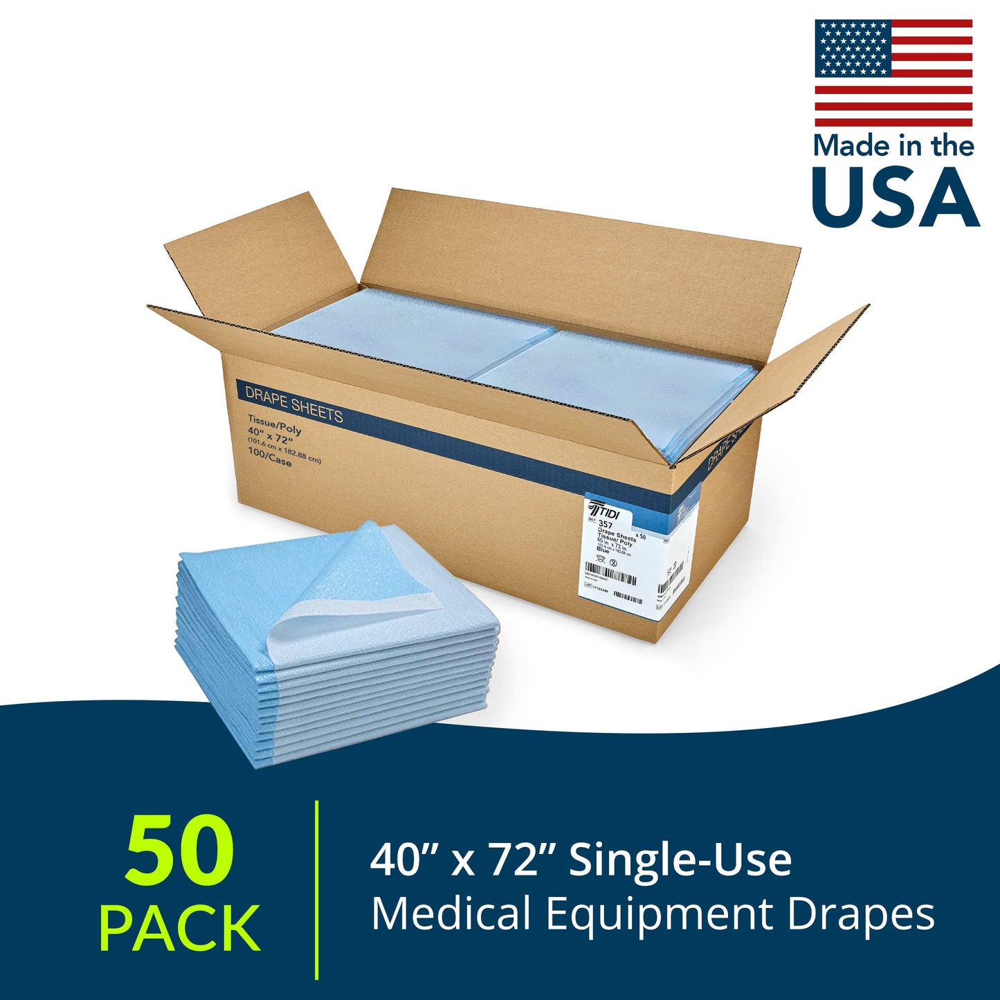 TIDI 357 Avalon Single-Use Medical Equipment Drape, Blue, 40" W x 72" L (Pack of 50) ― Disposable Stretcher Sheet ― Embossed ― 1-Ply Tissue ― Poly Back to Help Prevent Leak-Through ― Medical Supplies