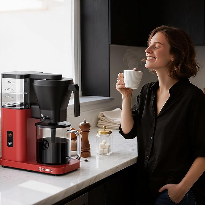 Kismile Premium 8-Cup Coffee Maker with Hot & ice brew, Removable Water Tank Coffee Machine, Drip Coffee Maker,Rapid Heating System for seconds Brewing,Red