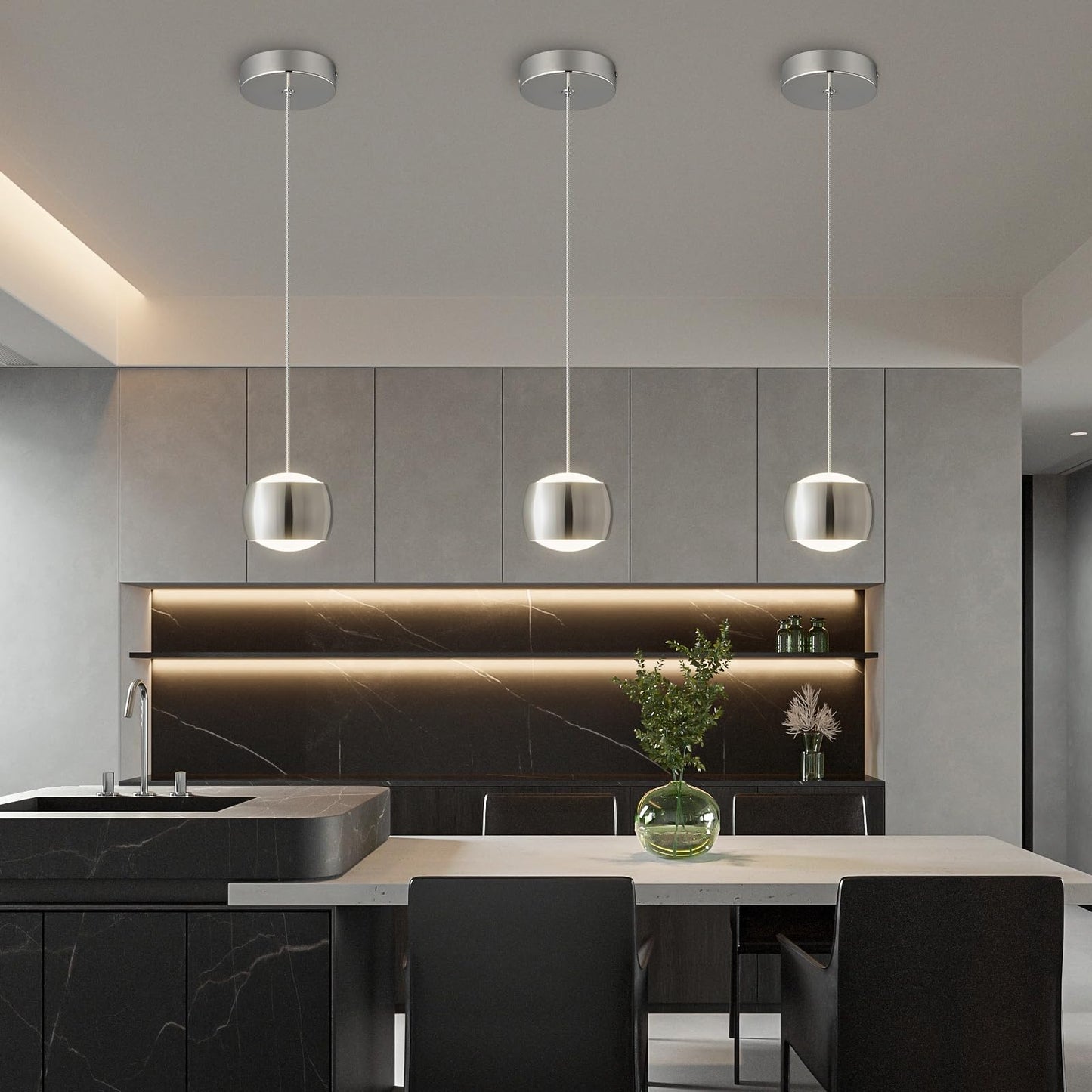 Adcthome Modern Led Dimmable Pendant Light Fixtures Mini Island Pendant Lighting For Kitchen Island Dinning Room Bedroom Bar Kitchen Island Ceiling Hanging Light Fixtures(Chrome-1-Pack)