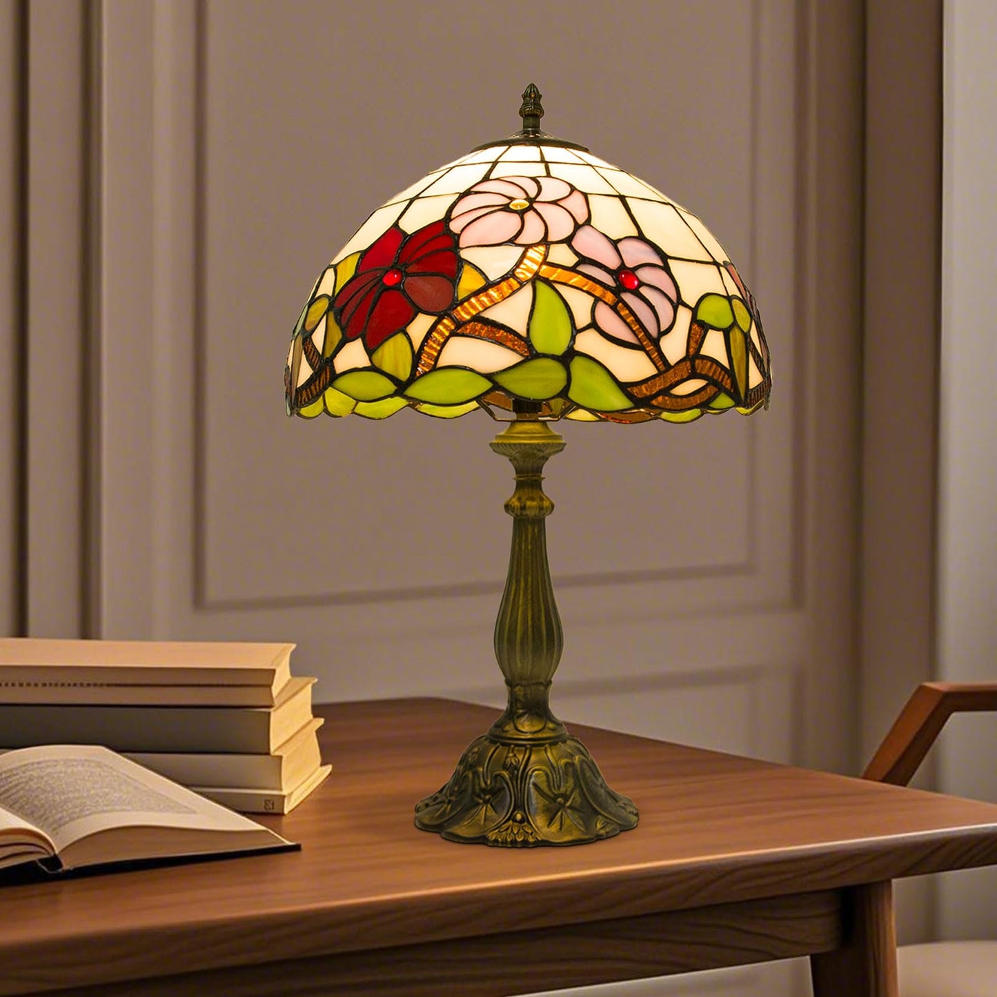 Crefotu Tiffany Table Lamp, 12 Inch, Stained Glass, Remote Control, Stepless Dimmable, Three Flowers, Model CFLP-0003