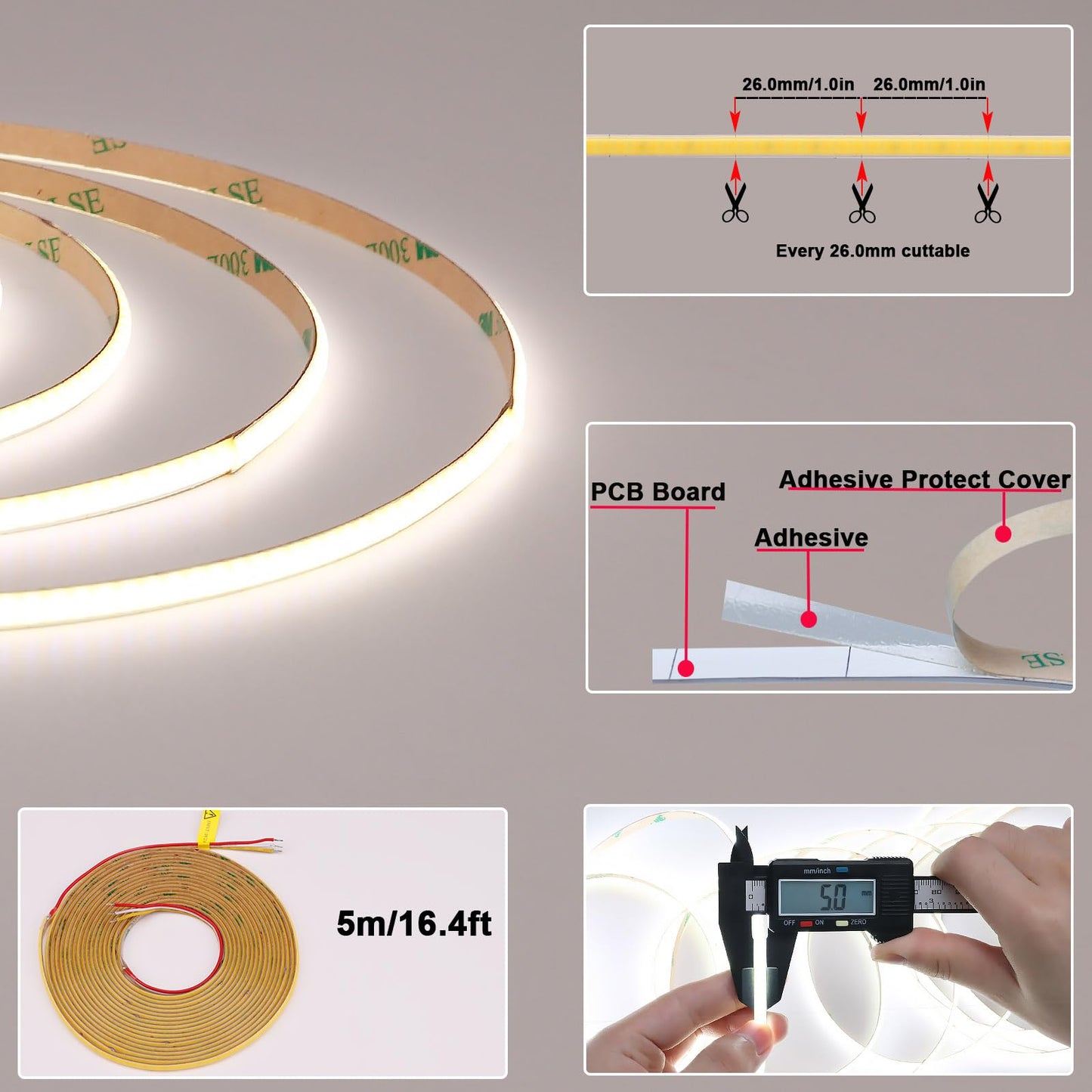 TOPAI 5mm Ultra Thin 24V COB LED Strip CCT Dimmable White 2700-6500K CRI>90+ Dotless 16.4ft 608LEDs/M High Density Cuttable Flexible Self Adhesive for Cabinet Home DIY Lighting