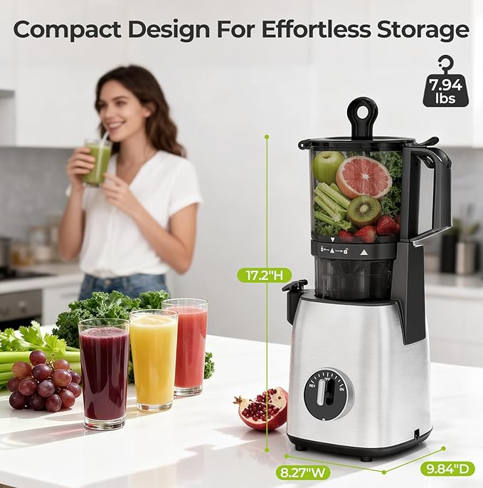 Cold Press Juicer, 5.4" Extra Wide Feed Chute Juicer Machines for Whole Vegetables & Fruits, 98% High Juice Yield, Easy Clean & Install, Compact Slow Masticating Juicer with 300W, Silver
