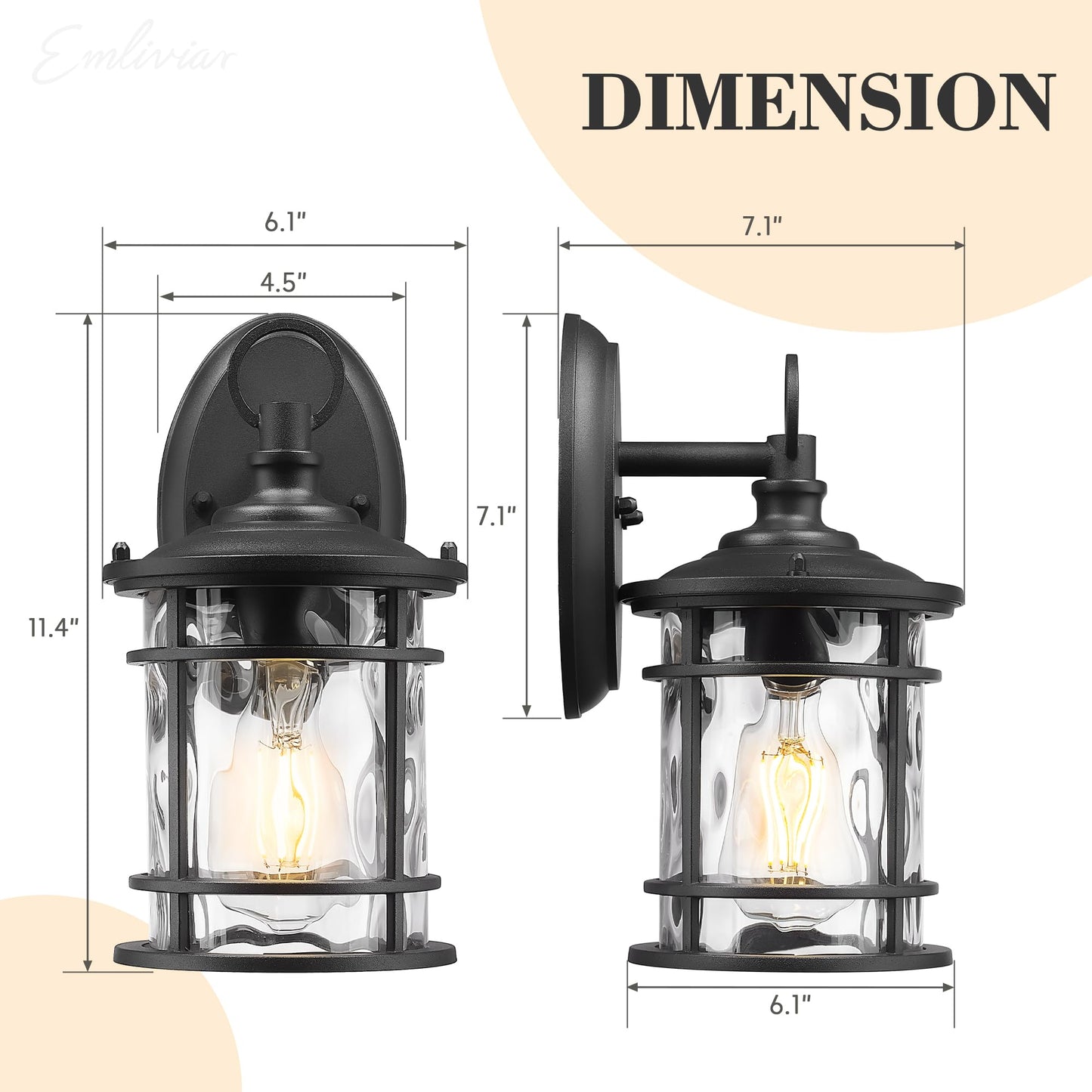 Emliviar 1-Light Outdoor Wall Mounted Lighting Matte Black Outside Porch Light 11.4 Aluminum Carriage Light With Water Ripple Glass Xe229Bs Bk-Wg