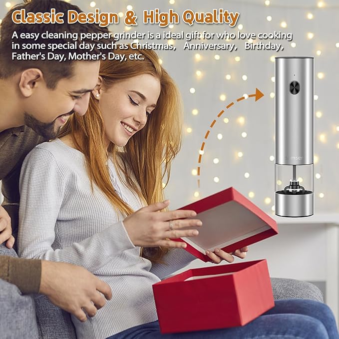 Stainless Steel Electric Pepper Grinder & Salt Mill Set - Battery Operated One-Hand Operation Adjustable Coarseness LED Light Transparent Container Easy Refill & Clean Push-Button Switch (2 Pack)