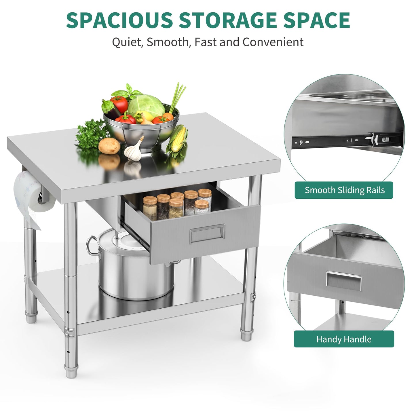 YITAHOME 36" × 24" Stainless Steel Table with Paper Towel Holder and Drawer, NSF Work Table with Drawer, Metal Table Prep Table for Home Kitchen Restaurant Garage Warehouse