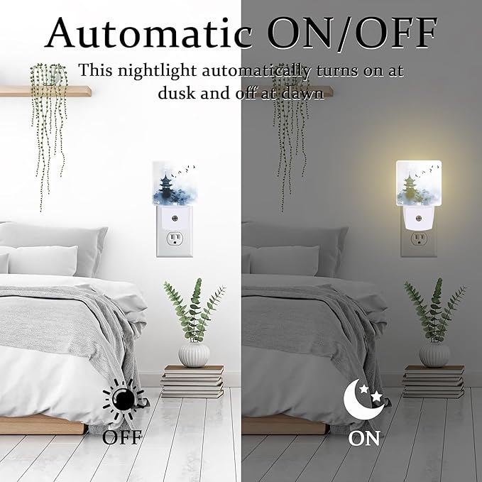 Pagoda and Soaring Birds Night Light Plug into Wall, Watercolor Ink Painting Landscapes Dusk to Dawn Night Light Plug in,0.5w Energy Saving Sleep Friendly NightLight for Kids Boys Girls Home Decor
